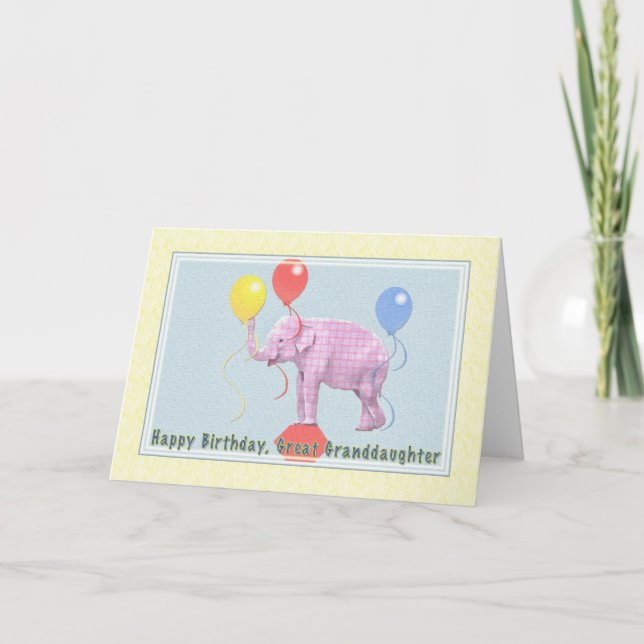 Great Granddaughter's Birthday Card, Pink Elephant Card (Front)