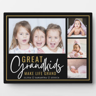 Great Grandkids Make Life Grand 4 Photo Black Gold Plaque