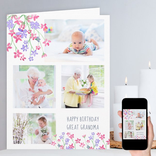 Great Grandma 4 Photo Ditsy Pink Flowers Birthday Card (Creator Uploaded)