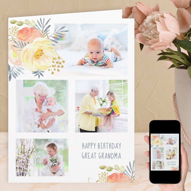 Great Grandma 4 Photo Peach Yellow Floral Birthday Card (Creator Uploaded)