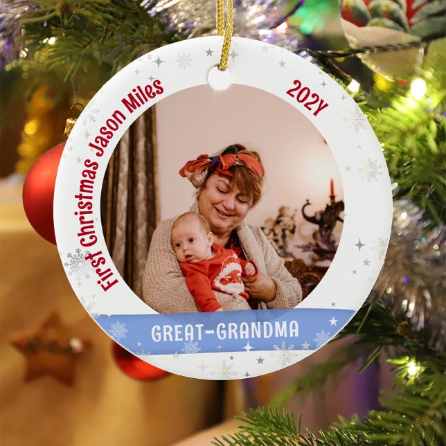 Great Grandma Baby Personalised First Xmas Photo  Ceramic Ornament (Modern Elegant Cute First Christmas Baby Love you Great-Grandma 1 Photo Snowflakes Stars Bow Holly)