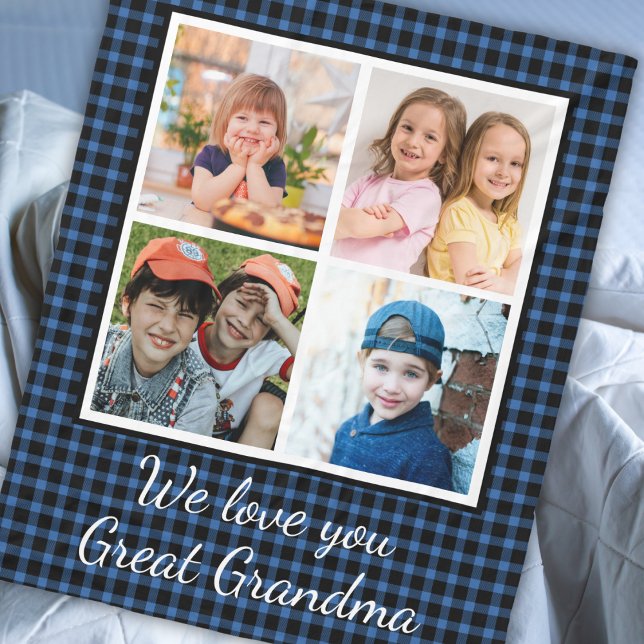 Great Grandma Blue Buffalo Plaid 4 Photo Collage  Fleece Blanket (Personalized great grandma blanket with 4 photo template -holiday blue buffalo plaid blanket)