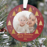 Great Grandma Christmas Photo Red and Gold Ornament<br><div class="desc">Custom photo Christmas ornament in red with gold Christmas trees and editable wording. The photo template is set up for you to add one of your favourite pictures pictures, which will be framed with gold trees and stars. The wording currently reads Merry Christmas Great Grandma 20xx and you can edit...</div>