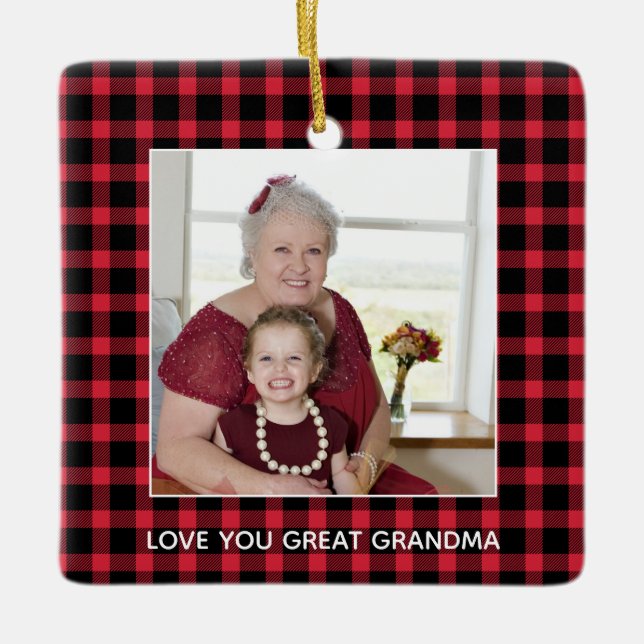 Great Grandma Christmas Photo Red Buffalo Plaid  Ceramic Ornament (Front)