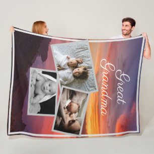 Great Grandma Custom Kid's Photos Over Sunrise Fleece Blanket
