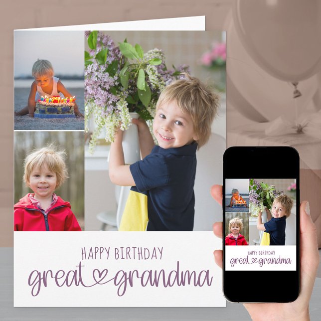 Great Grandma Cute Typography 3 Photo Birthday Card (Creator Uploaded)