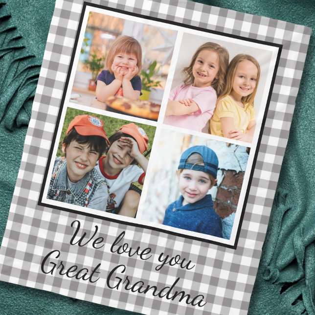 Great Grandma Grey Buffalo Plaid 4 Photo Collage Fleece Blanket (Creator Uploaded)