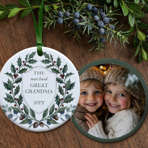 Great Grandma Holly Crest Christmas Photo Ceramic Ornament
