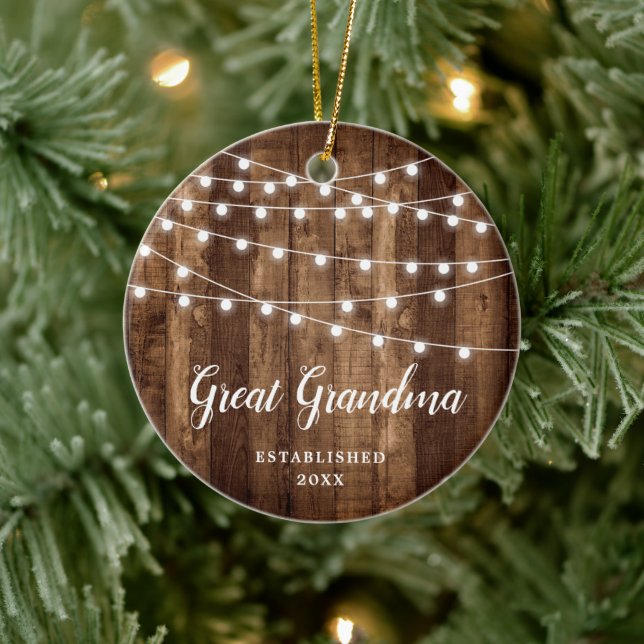 Great Grandma Personalised Rustic String Lights Ceramic Ornament (Tree)