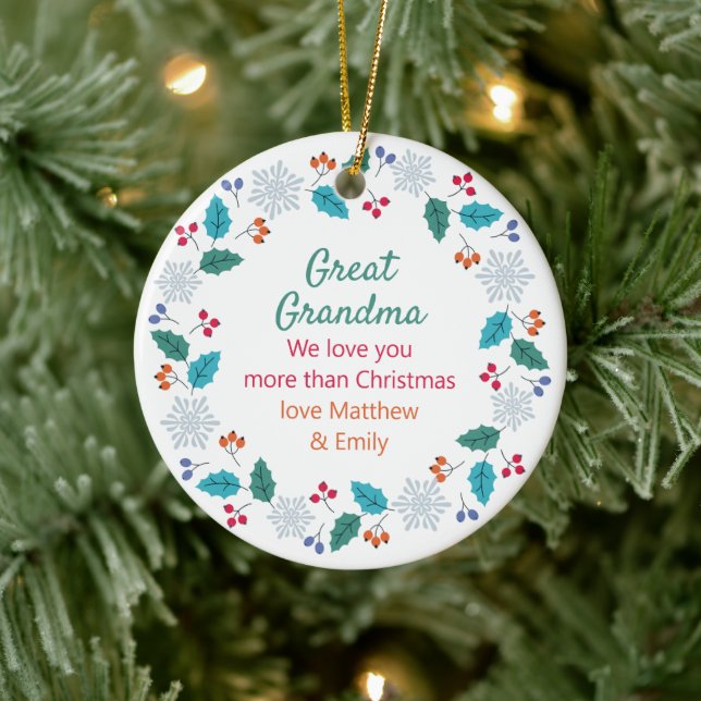 Great Grandma Photo and Woodland Snowflake Wreath Ceramic Ornament (Tree)
