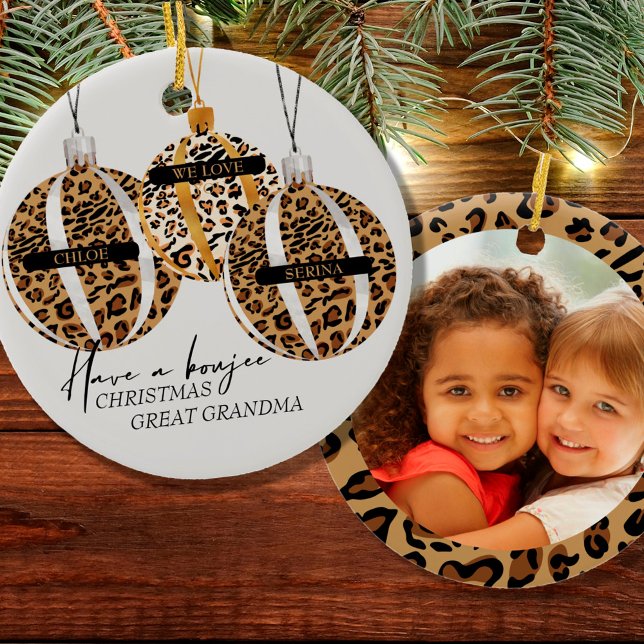 Great Grandma Photo Leopard Print Boujee Christmas Ceramic Ornament (Creator Uploaded)