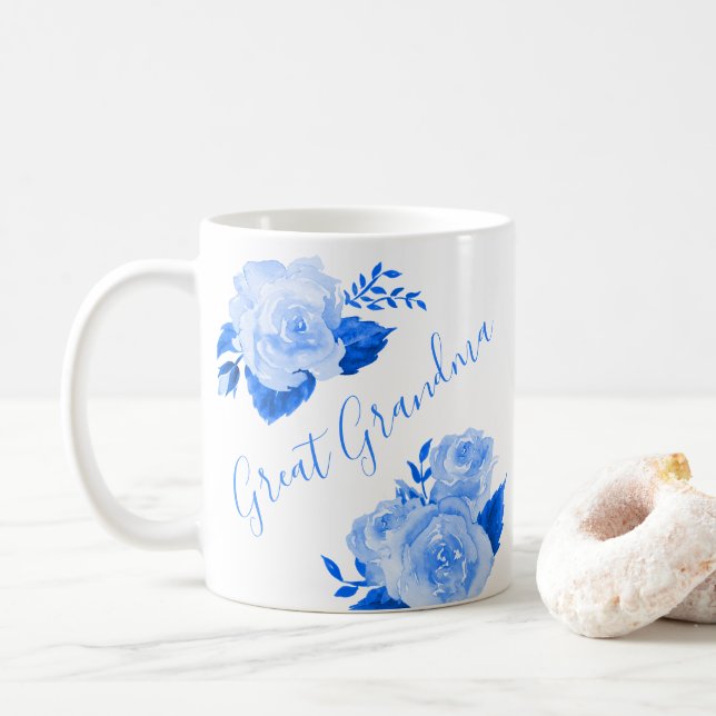 Great Grandma Watercolor Floral Blue Rose Coffee Mug (With Donut)