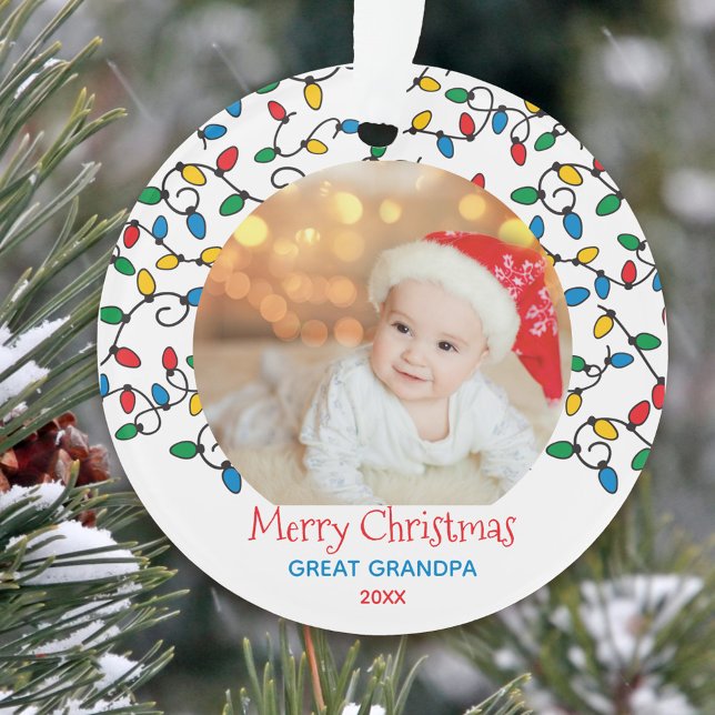 Great Grandpa Christmas Lights Photo Ornament (With your great grandpa a merry christmas with a photo ornament keepsake)