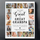 Great Grandpa Photo Keepsake Plaque<br><div class="desc">Personalised great grandfather photo plaque featuring the cute saying "you put the great in great grandpa",  18 pictures of the grandkids,  their names,  and the sweet caption "Grandpas bring a little wisdom,  happiness,  warmth,  and love to every life they touch.".</div>