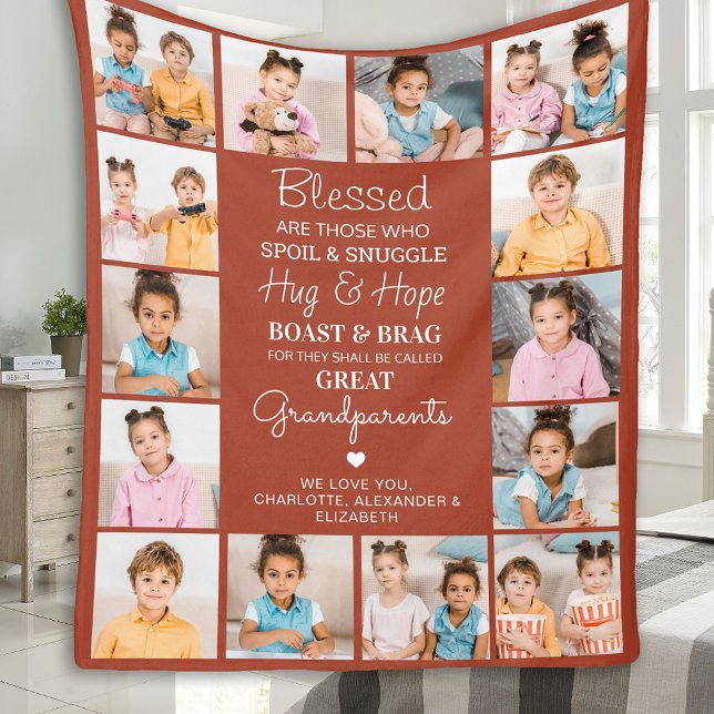 Great Grandparents Custom Terracotta Photo Collage Fleece Blanket (Creator Uploaded)
