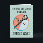 Great Grandson 12th Birthday Lacrosse Sport Person Card<br><div class="desc">When lacrosse is his game, this birthday card will be sure and please hime. Celebrate your great grandson's 12th birthday with this customisable sport card. Subtle dots are on the light green background and a lacross stick and ball are on the front with the number 12. Customise it with his...</div>