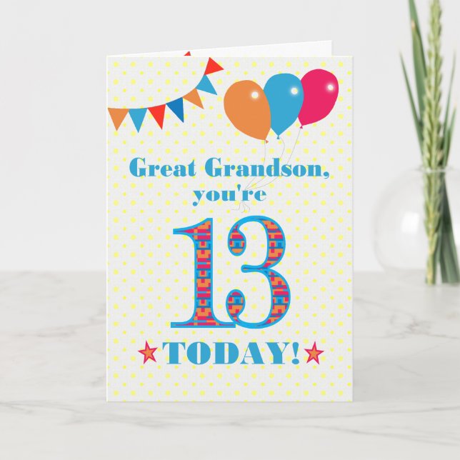 Great Grandson 13th Birthday Bunting Balloons Card (Front)