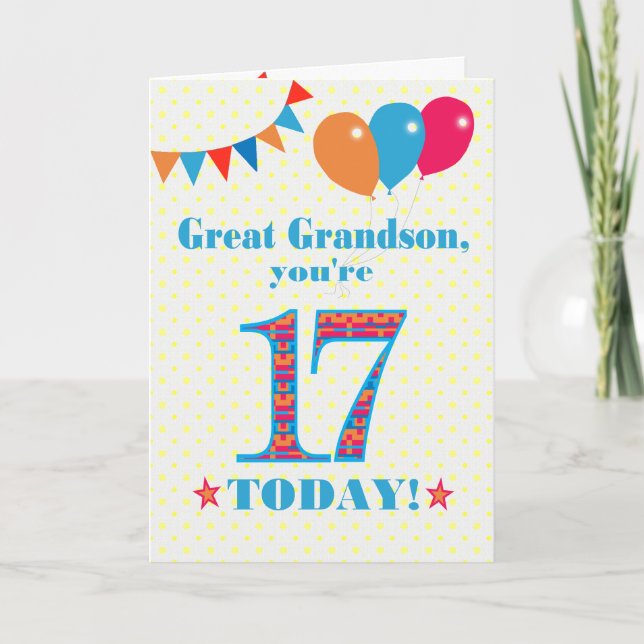 Great Grandson 17th Birthday Bunting Balloons Card (Front)