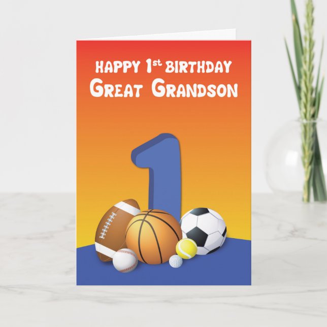 Great Grandson 1st Birthday Sports Balls Card (Front)