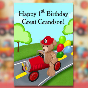 Great Grandson 1st Birthday Teddy Bear Firetruck Card