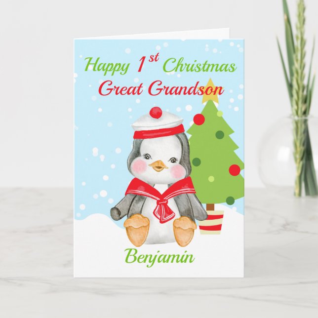 Great Grandson 1st Christmas Cute Penguin Holiday Card (Front)