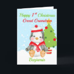 Great Grandson 1st Christmas Cute Penguin Holiday Card<br><div class="desc">A cute Great Grandson happy first Christmas card designed with a cartoon baby penguin wearing a red sailors hat and neck tie with typography text in red and green all on a blue snowy background. A lovely xmas card to give to a great grandchild for their 1st xmas holidays. Customised...</div>