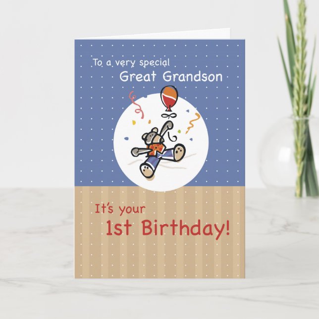 Great Grandson 1st Teddy Bear Balloon Birthday Card (Front)