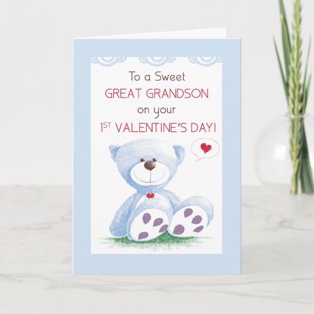 Great Grandson 1st Valentines Day Blue Teddy Bear  Card (Front)