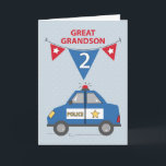 Great Grandson 2nd Birthday Blue Police Car Card<br><div class="desc">Rushing to bring birthday greetings, this blue police car will surely delight your great grandson on his 2nd birthday. As he turns two, cars and emergency vehicles will be recognised and loved. A pennant flag with his age 2 is hanging above the police car, flanked on either side by star...</div>