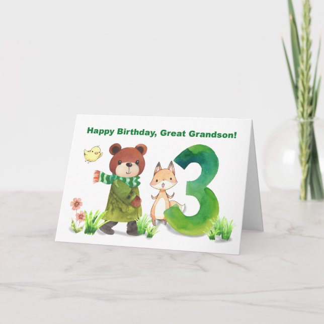 Great Grandson 3rd Birthday Bear Fox Large Five Card (Front)