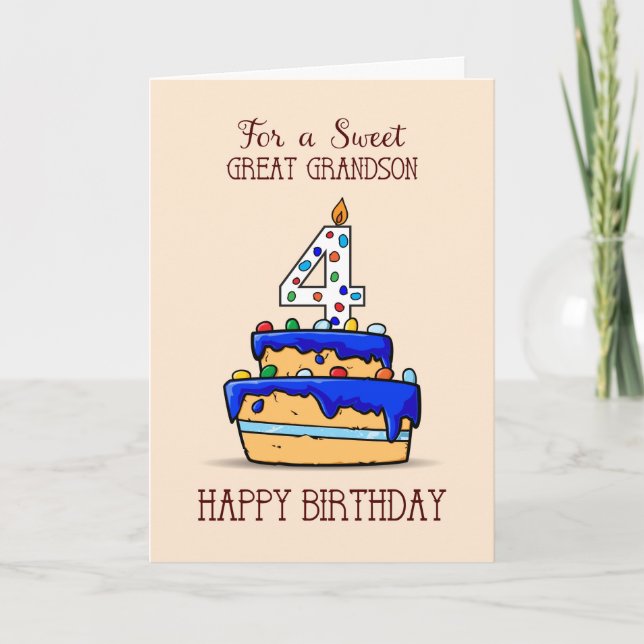 Great Grandson 4th Birthday, 4 on Sweet Blue Cake Card (Front)