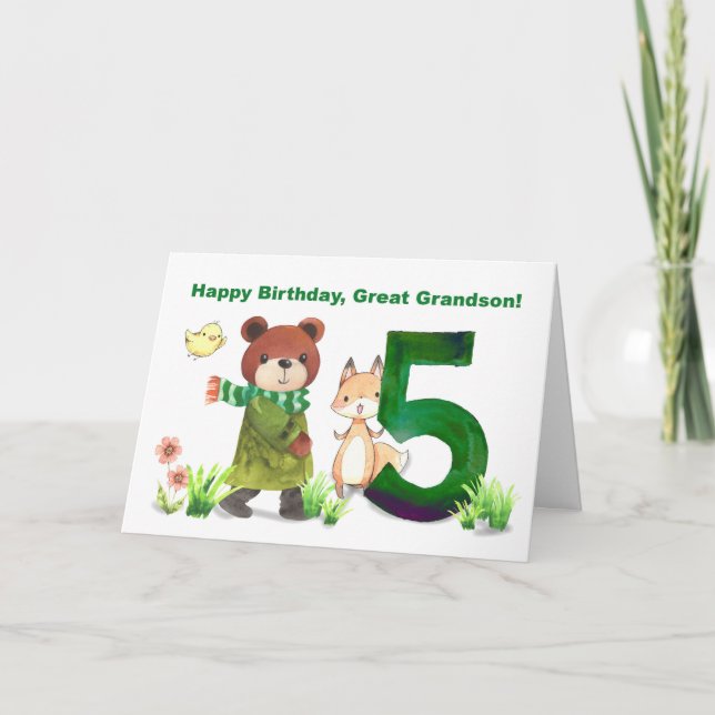 Great Grandson 5th Birthday Bear Fox Large Five Card (Front)