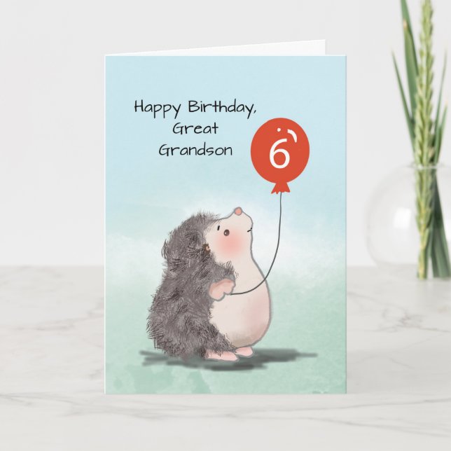 Great Grandson 6th Birthday Cute Hedgehog Balloon Card (Front)