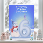 Great Grandson 6th Birthday Snowman Snowy  Card<br><div class="desc">This whimsical winter illustration is perfect for celebrating your great grandson's sixth birthday designed to be fully winter with colors and details. A cheerful snowman stands proudly beside the snowy “6” he has just built, admiring his handiwork with a joyful expression. Snowballs are scattered around the base, adding playful movement,...</div>