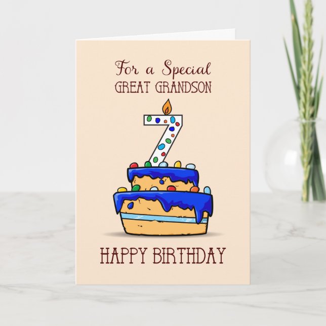 Great Grandson 7th Birthday, 7 on Sweet Blue Cake Card (Front)