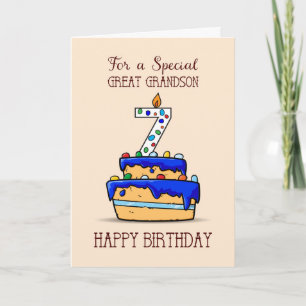 Great Grandson 7th Birthday, 7 on Sweet Blue Cake Card