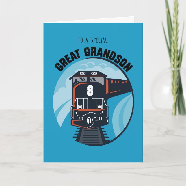 Great Grandson 8th Birthday Train, Little Boy, Blu Card (Front)