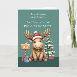 Great Grandson Adorable Funny Moose Christmas Card