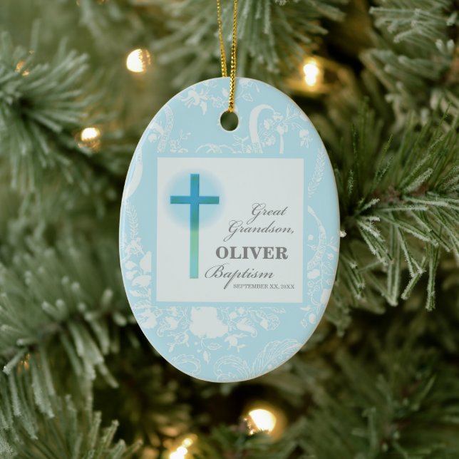 Great Grandson Baptism Blue Lace Personalised Ceramic Ornament (Tree)