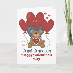 Great Grandson Bear and Balloons Valentine Holiday Card