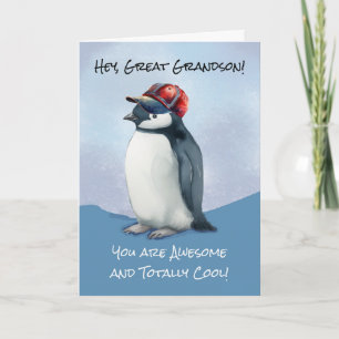 Great Grandson Birthday Penguin With Baseball Hat Card