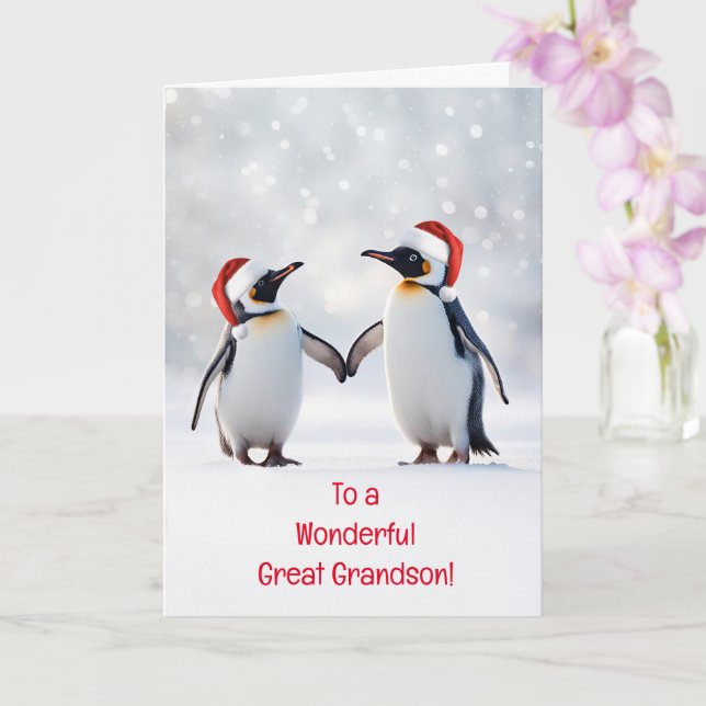 Great Grandson Christmas Holiday with Cute Penguin Card (Orchid)