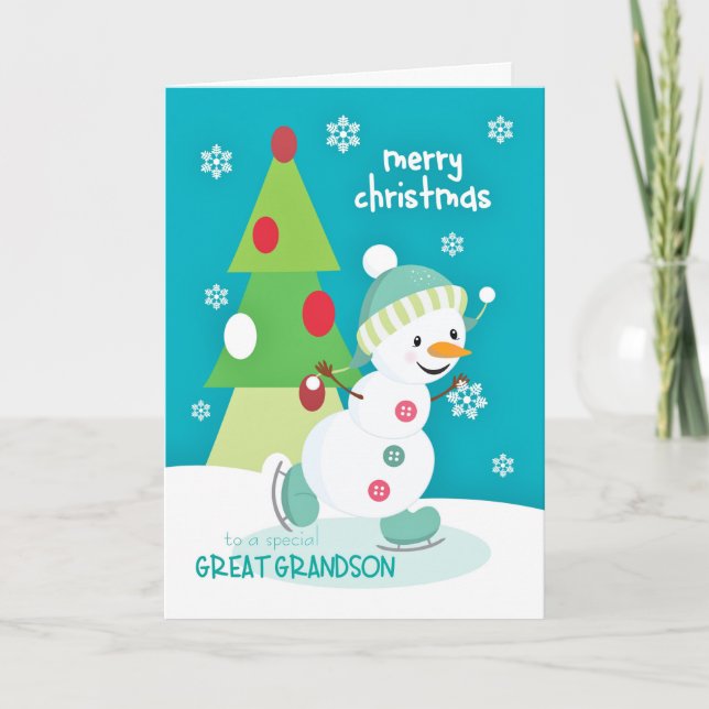 Great Grandson Christmas Snowman Ice Skating Holiday Card (Front)
