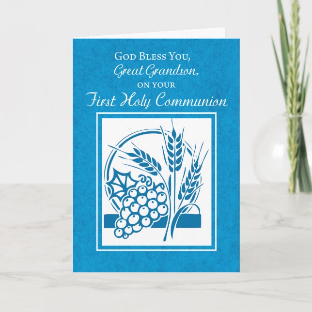 Great Grandson First Communion Blue, Wheat, Grapes Card (Front)