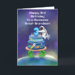Great Grandson Happy 3rd Birthday Astronaut  Card<br><div class="desc">Celebrate your great grandson’s 3rd birthday with this playful space-themed design featuring a charming astronaut placing the number three atop a cosmic cake, complete with planets, stars, and a rocket in motion. Set against a dreamy galaxy sky with Earth below, two friendly aliens help hold the cake, adding a fun,...</div>