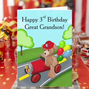 Great Grandson Happy 3rd Birthday Bear Firetruck Card