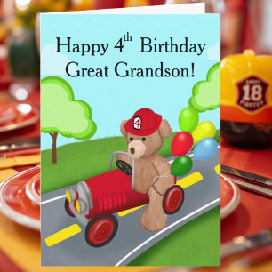 Great Grandson Happy 4th Birthday Bear Firetruck Card