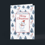 Great Grandson Merry Christmas Snowman Holiday Card<br><div class="desc">A lovely great grandson Christmas card. Design pattern features cute snowmen wearing red santa hats and scarfs and blue snow covered fir trees all on a snowy background. All text can be amended as needed to customise - change great grandson to grandson, nephew , son or brother, then personalise with...</div>