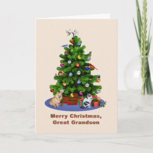 Great Grandson, Merry Christmas Tree, Birds, Dog Holiday Card