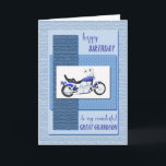 Great grandson, motor bike birthday card<br><div class="desc">A blue motor cycle on an abstract blue background. The front says "Happy Birthday to my wonderful great grandson". A great card for a great grandson who is a motor bike enthusiast. The textures on the front of this card are printed.</div>